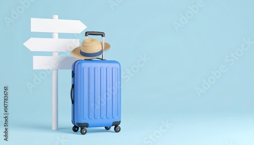 Suitcase with hat and signpost pointing directions in a pastel blue backdrop