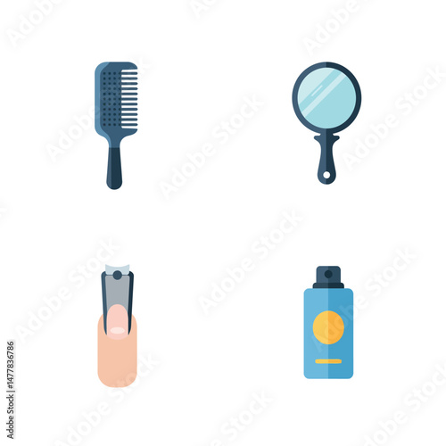 Hair Care Tools Comb Mirror Nail Clipper and Spray Bottle Vector Illustration 