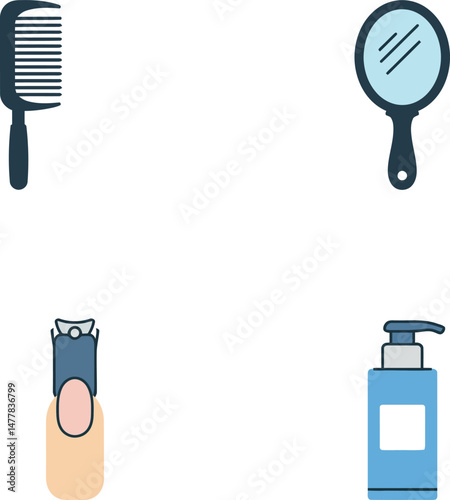 Hair care grooming tools with comb mirror nail clipper and lotion vector illustration 