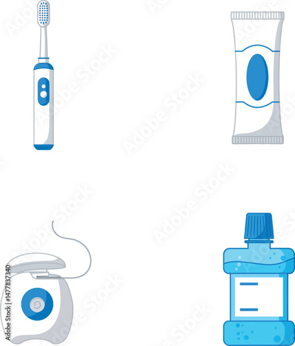 Dental hygiene essentials electric toothbrush toothpaste floss mouthwash blue white vector illustration 