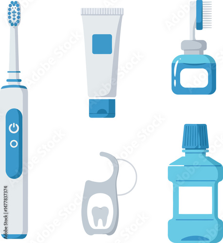 Electric toothbrush and dental care products in blue and white vector illustration set 
