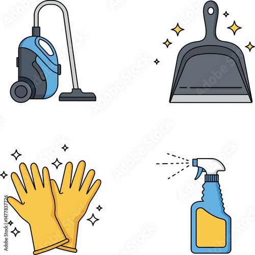 Cleaning tools vacuum cleaner dustpan gloves spray bottle vector illustration set 