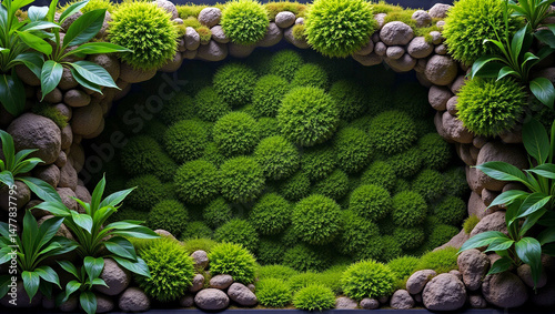 Natural eco-friendly background featuring lush green moss formations growing on a textured stone surface, symbolizing sustainability, organic growth, and harmony with nature.