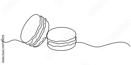Macaroons cookie biscuit line continuous drawing. One line illustration. Hand drawn linear silhouette of macaroons, Macaron cookie one continuous line design. Restaurant food menu design concept. 