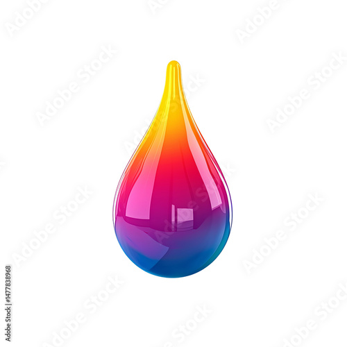 A vibrant, glossy water droplet with a gradient rainbow of colors, symbolizing fluidity, purity, and the beauty of natural elements.