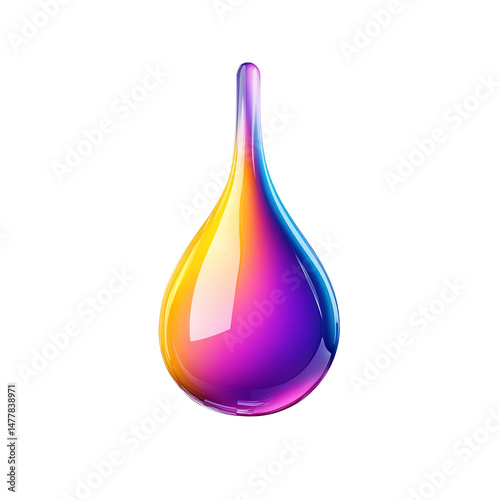 A single, iridescent water droplet, elegantly rendered, showcases a mesmerizing spectrum of colors, reflecting light. The droplet suggests freshness and purity.