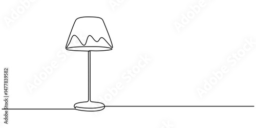 A simple line drawing of a desk lamp. It shows the lamp's shape and features in a single continuous line. continuous single one line art concept, Table study lamp outline drawing illustration. one.