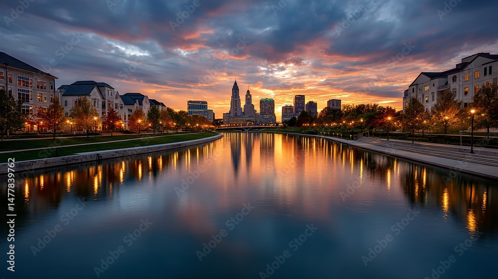 Naklejka premium City skyline reflecting on tranquil river