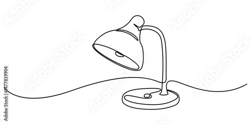 A simple line drawing of a desk lamp. It shows the lamp's shape and features in a single continuous line. continuous single one line art concept, Table study lamp outline drawing illustration. one.