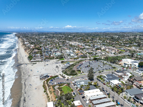 Aerial view of wealthy Encinitas town with blue ocean in San Diego, South California, USA. 