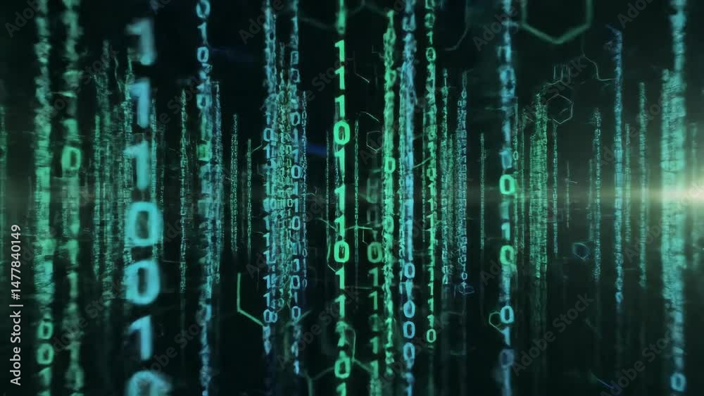 Digital Stream: Experience a mesmerizing stream of binary code cascading through a futuristic digital realm, a vibrant visual metaphor for technology's unseen workings.