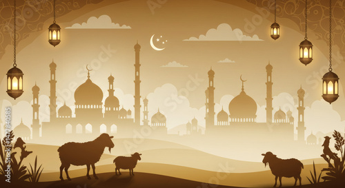 Eid al-Adha Illustration with Mosque and Lanterns in Desert Style