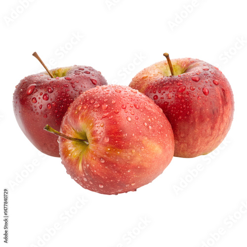 Three fresh red apples Isolated on Transparent background