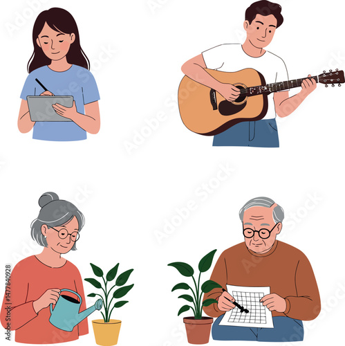 Family members engaging in hobbies and leisure activities including music and gardening vector illustration 