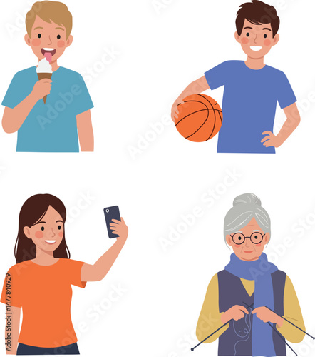 Children and elderly people enjoying ice cream, basketball, selfie, and knitting activities vector illustration 