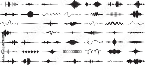 Sound Wave Set with Audio Waves, Equalizer, and Music Recording Icons for Audio and Sound Design