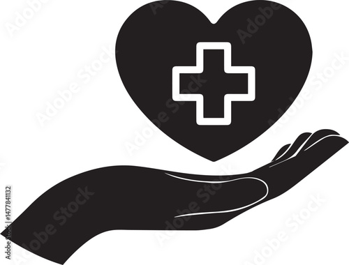 hand holding heart, hand holding heart with medical cross symbol, heart with a white cross, hand holding a heart with a white cross, medical, wellness, care, hand silhouette