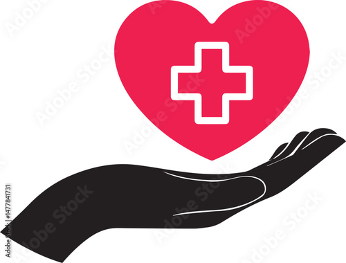 hand holding heart, hand holding heart with medical cross symbol, heart with a white cross, hand holding a heart with a white cross, medical, wellness, care, hand silhouette