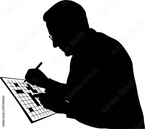 Man solving crossword puzzle silhouette vector illustration in black and white 