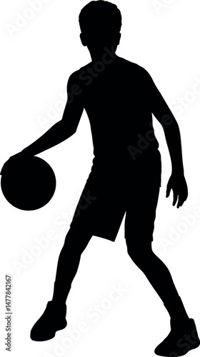 Basketball player silhouette dribbling ball in action pose vector illustration 