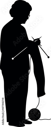Silhouette of Person Knitting with Yarn Ball and Needles Vector Illustration 