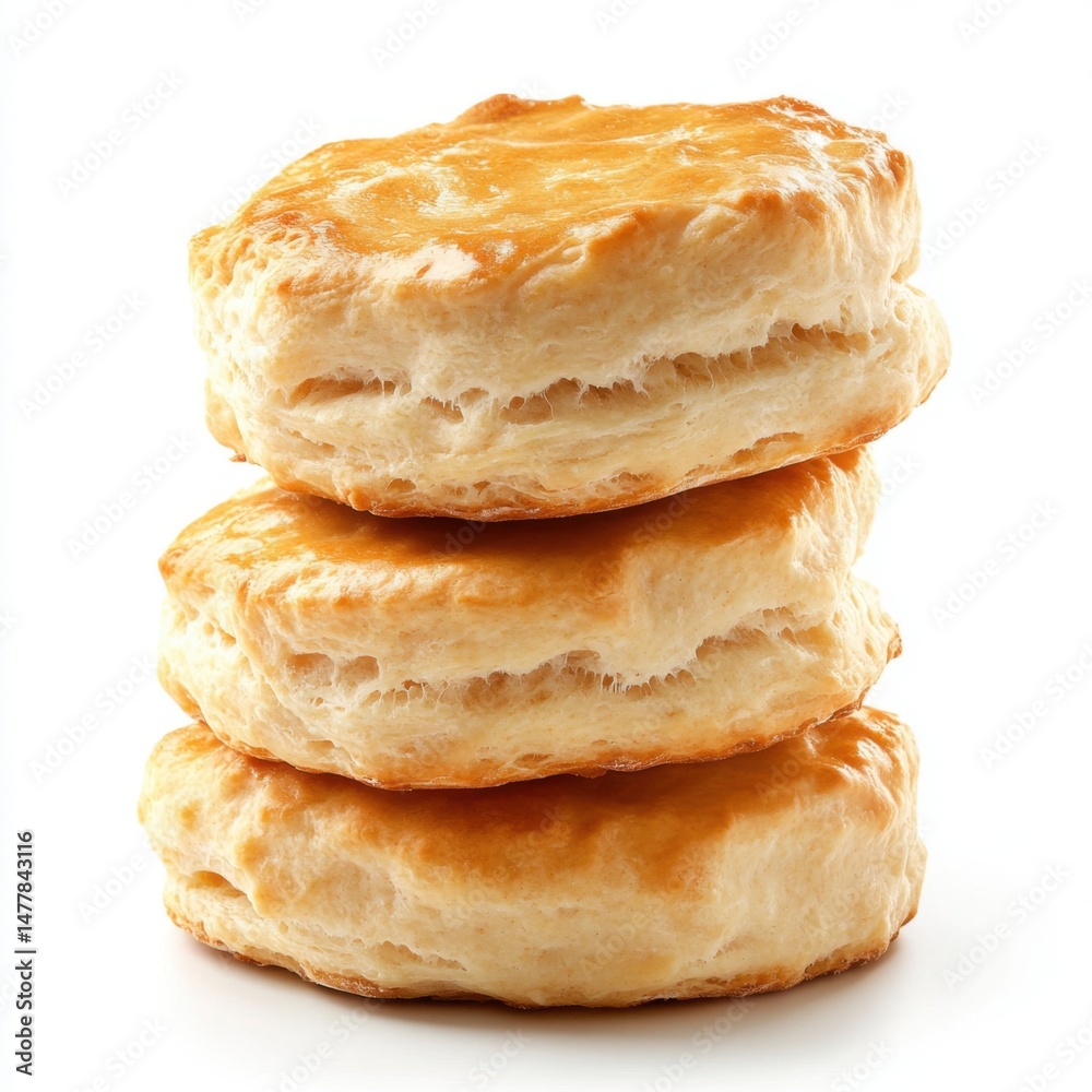 Stack of Three Golden Biscuits on White Background Studio Shot Close Up Food Photography Southern Breakfast Pastry Stack of Three Golden Biscuits on White Background Studio Shot Close Up Food Photography Southern Breakfast Pastry