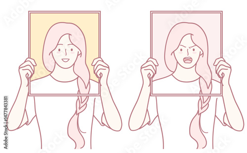This illustration features a woman who conveys feelings of both happiness and anger through two distinct frames