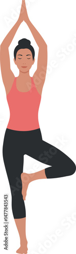 Woman practicing tree pose yoga in fitness wear balanced on one leg vector illustration 
