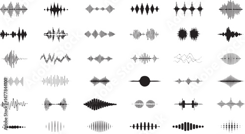 Music Recording and Equalizer Icons Set Featuring Sound Waves and Radio Signals for Audio Projects