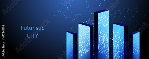 Smart city technology background. Future urban architecture glass buildings vector. Ai city concept. Digital futuristic intelligence high tech city design banner.