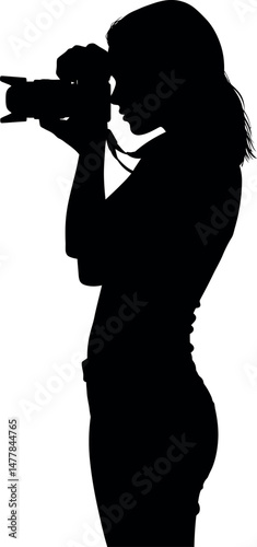 Female photographer silhouette capturing image with camera vector illustration in black 