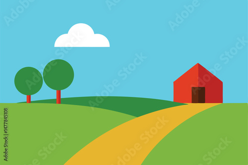 A cartoon vector illustration shows a landscape with a house and trees under a summer sky