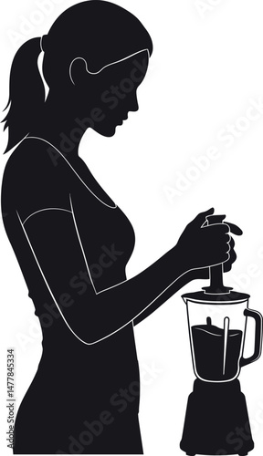 Woman silhouette using blender kitchen appliance for food preparation vector illustration 