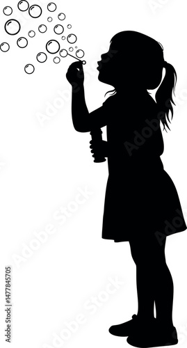 Silhouette of young girl blowing soap bubbles in playful outdoor activity vector illustration 