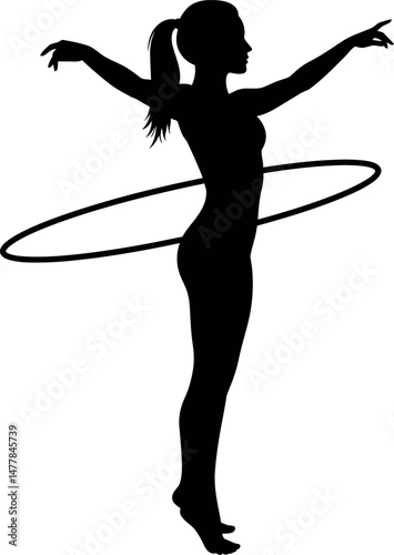 Silhouette of Woman Dancing with Hula Hoop in Black and White Vector Illustration 