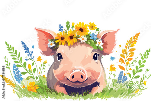 Sweet little piglet adorned with a pastel flower crown, illustrated in a soft minimalistic style. Perfect for nursery themes, greeting cards, and children's decor.
