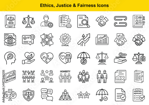 Ethics, Justice, and Fairness Collection of Linear Icon Designs for Business and Legal Concepts