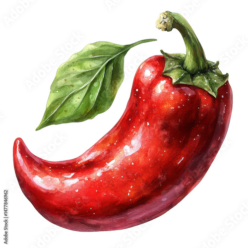 Vibrant Red Chili Pepper with Green Leaf Watercolor Illustration Spicy Food Ingredient