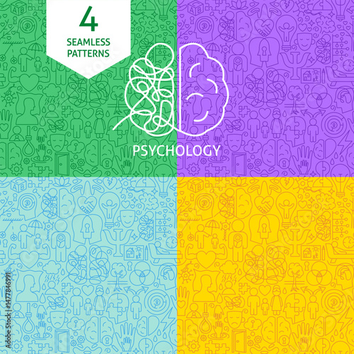 Line Psychology Patterns. Vector Illustration of Thin Outline Design. Mental Health Texture Backgrounds. Therapy Linear Symbols. Wellness and Awareness Month.