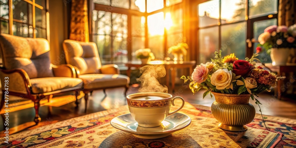 Fototapeta premium Warm Morning Sunlight Illuminates a Cozy Living Room Scene Featuring a Steaming Cup of Coffee and a Lovely Floral Arrangement on an Ornate Table
