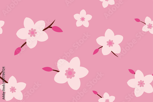 Seamless vector floral pattern design showcases pink spring flowers and leaves, a beautiful nature illustration for wallpaper or card decoration