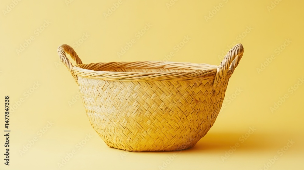 Fototapeta premium Empty woven basket on a yellow background