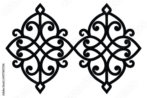 The antique wrought iron gate and fence showcase ornate metal decoration with a vintage floral design pattern, an element of black iron art forming a decorative border and frame