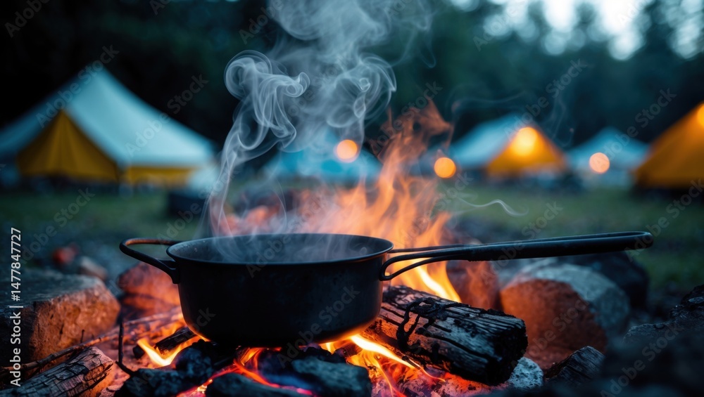 cooking Food over Campfire. pot sitting on the open fire. steam rises from the food in camp in background cooking Food over Campfire. pot sitting on the open fire. steam rises from the food in camp in background