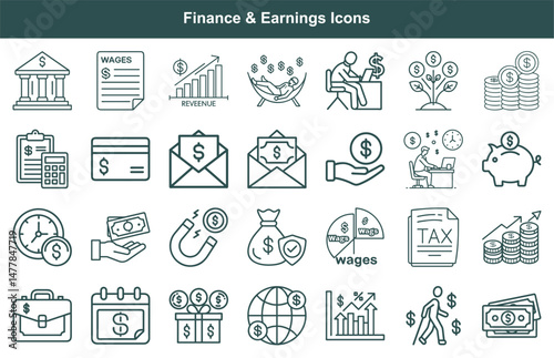 Finance and Earnings Icon Set Banking, Revenue Growth, and Financial Security Line Art