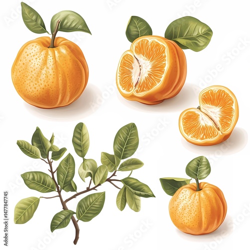 Realistic illustration of mundu fruit with slices and leaves, perfect for botanical and food-related designs, featuring vibrant orange and green details.