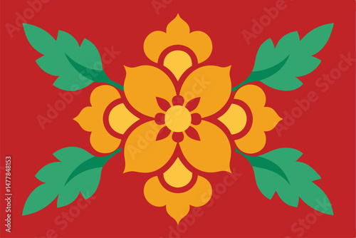 This vector illustration showcases a floral set with a decorative abstract flower, its colorful petals and leaves forming a natural spring pattern design