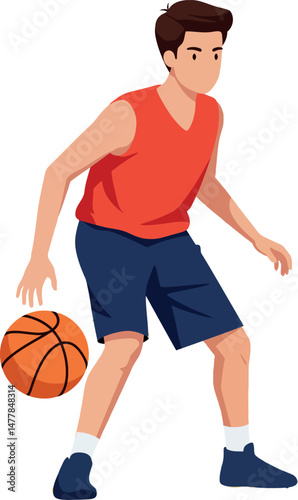 Basketball player dribbling ball in red shirt and blue shorts vector illustration 