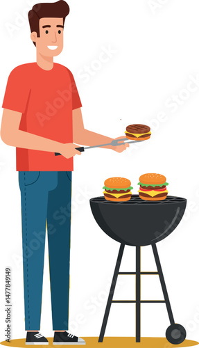 Man grilling burgers outdoors with barbecue in casual red shirt vector illustration 