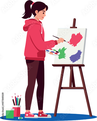 Young girl painting colorful abstract shapes on canvas with easel indoors vector illustration 